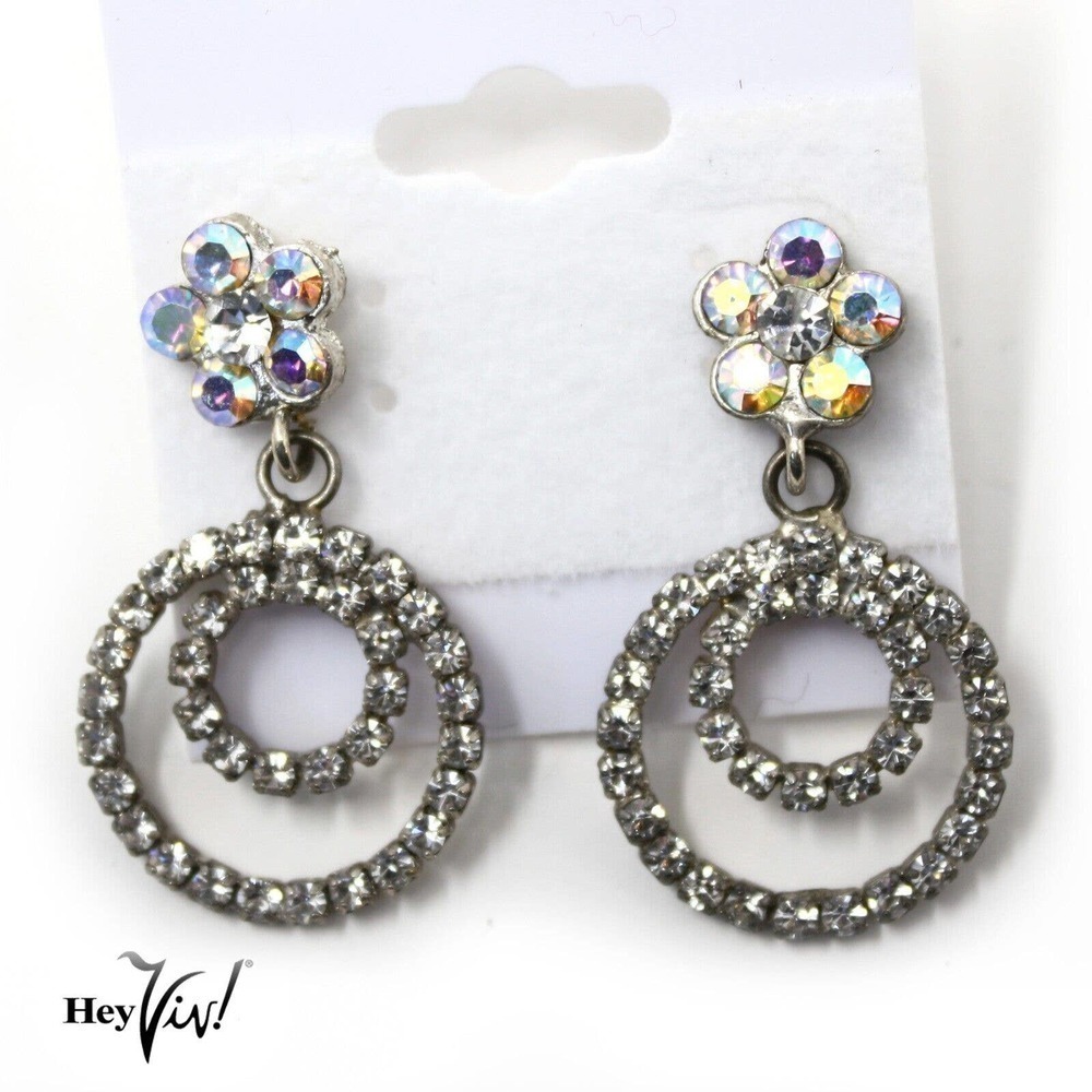 Vintage 80s Dangle Rhinestone Earrings Double Hoops New/Old Stock - Hey Viv